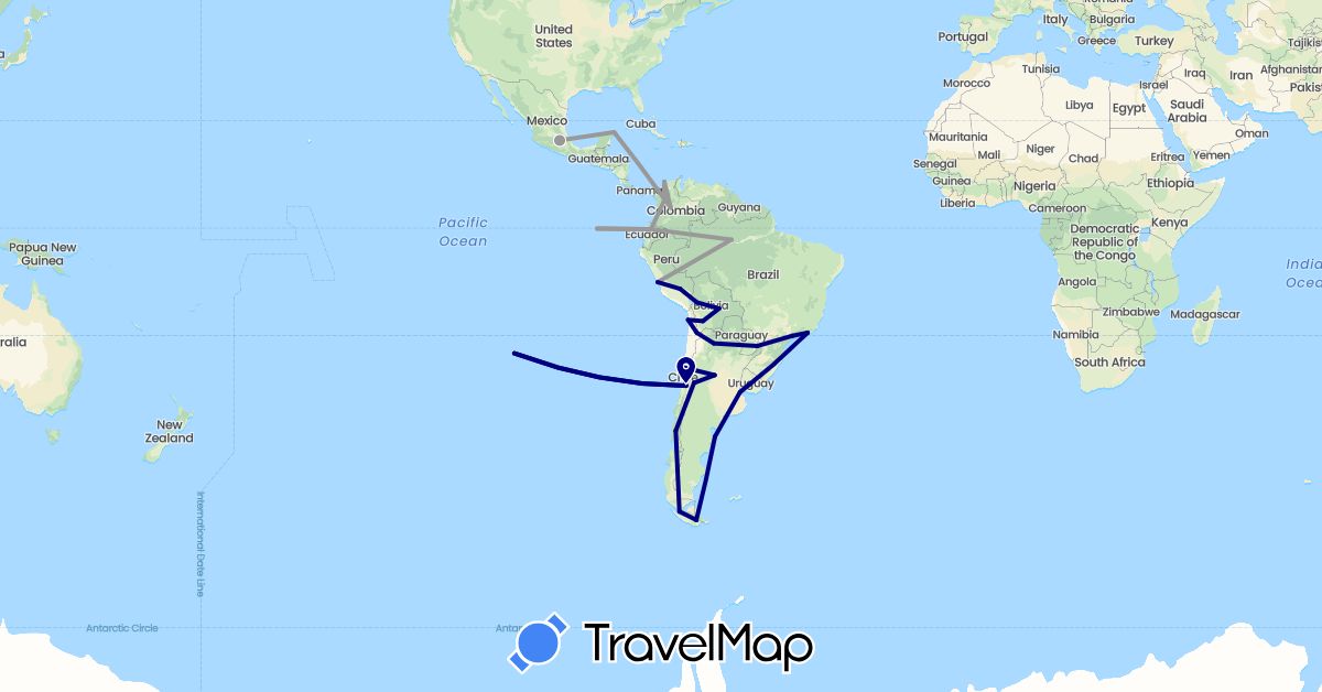TravelMap itinerary: driving, plane in Argentina, Bolivia, Brazil, Chile, Colombia, Ecuador, Mexico, Peru (North America, South America)